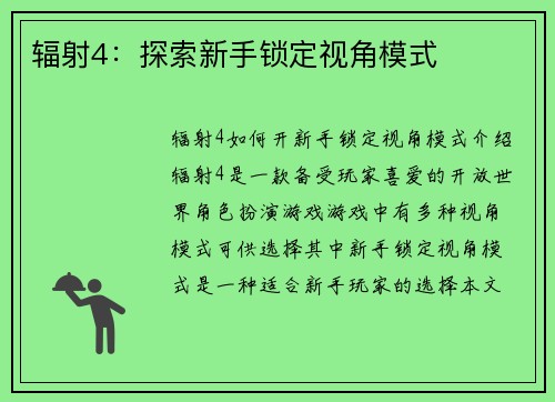 辐射4:探索新手锁定视角模式