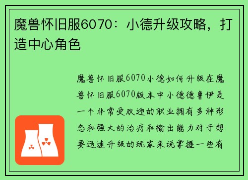 魔兽怀旧服6070:小德升级攻略,打造中心角色