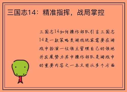 三国志14:精准指挥,战局掌控