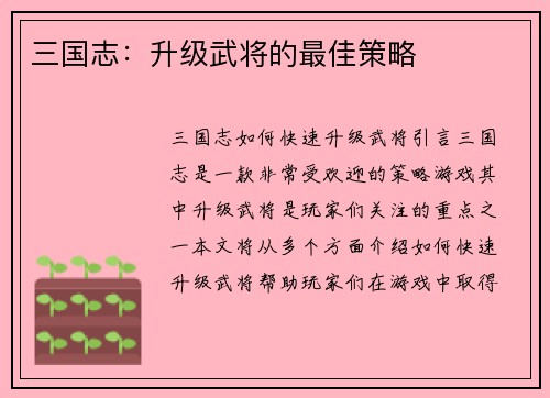 三国志:升级武将的最佳策略