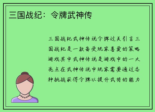 三国战纪:令牌武神传