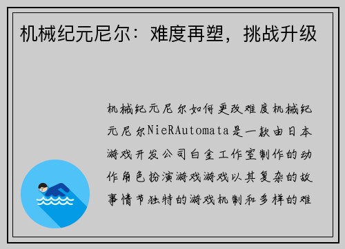 机械纪元尼尔：难度再塑，挑战升级