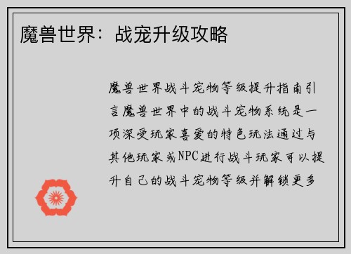 魔兽世界：战宠升级攻略