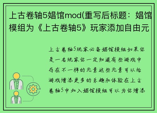 上古卷轴5娼馆mod(重写后标题：娼馆模组为《上古卷轴5》玩家添加自由元素)